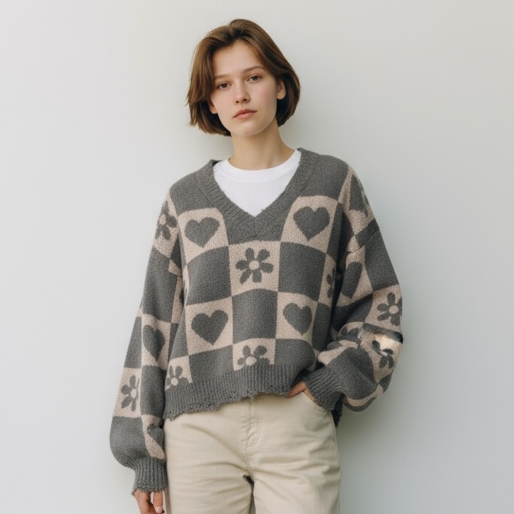 POL Charcoal and Blush V-Neck Sweater